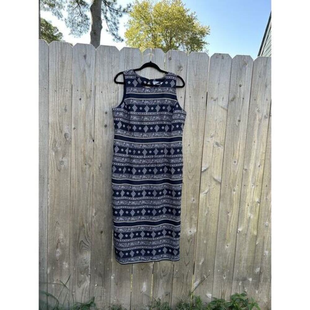 VTG Sunshine Starshine Floral Dress Size 14 Keyhole‎ Back Sleeveless Navy White